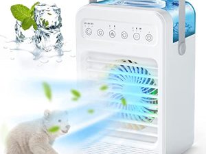 Portable Air Conditioner 4 in 1 Desktop Spray Humidifying Fan with 4 Speeds 7 Colors and 2-8 Hours Timer Personal Desk Silent Flushing Fan