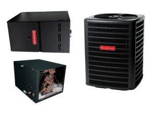 Goodman 16 SEER 2 TON Two Stage AC Condenser complete system with 96% AFUE 100k BTU Two Stage Variable Speed Horizontal Low Nox furnace and cased coil - GSXC160241
